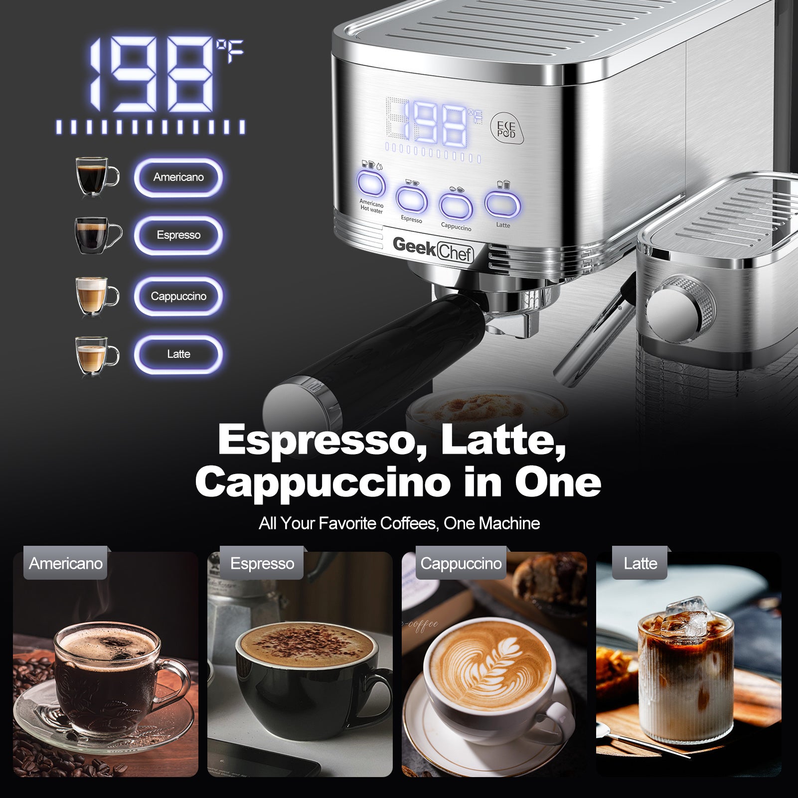 Geek Chef Espresso And Cappuccino Machine With Automatic Milk Frother 20Bar