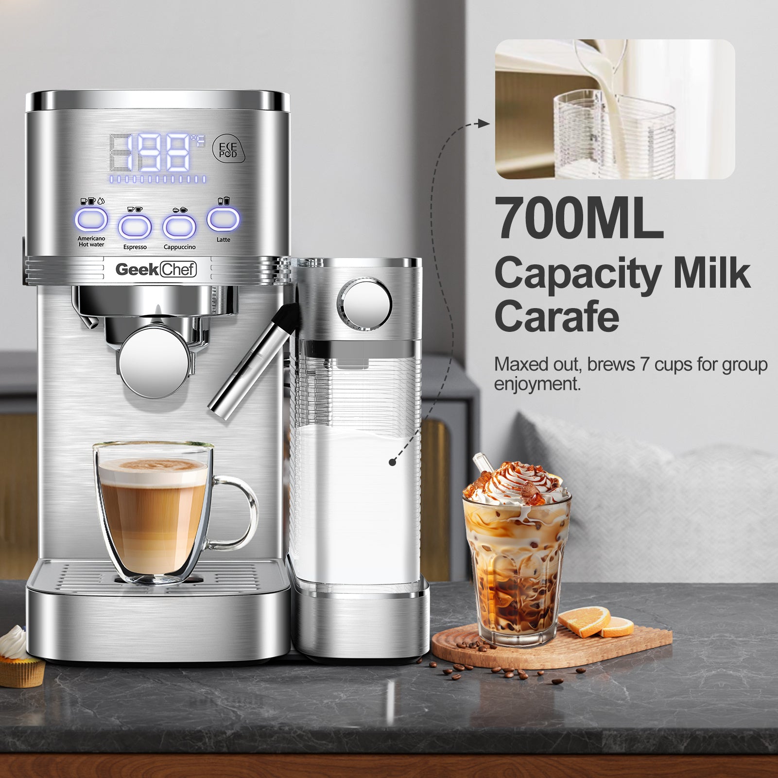 Geek Chef Espresso And Cappuccino Machine With Automatic Milk Frother 20Bar