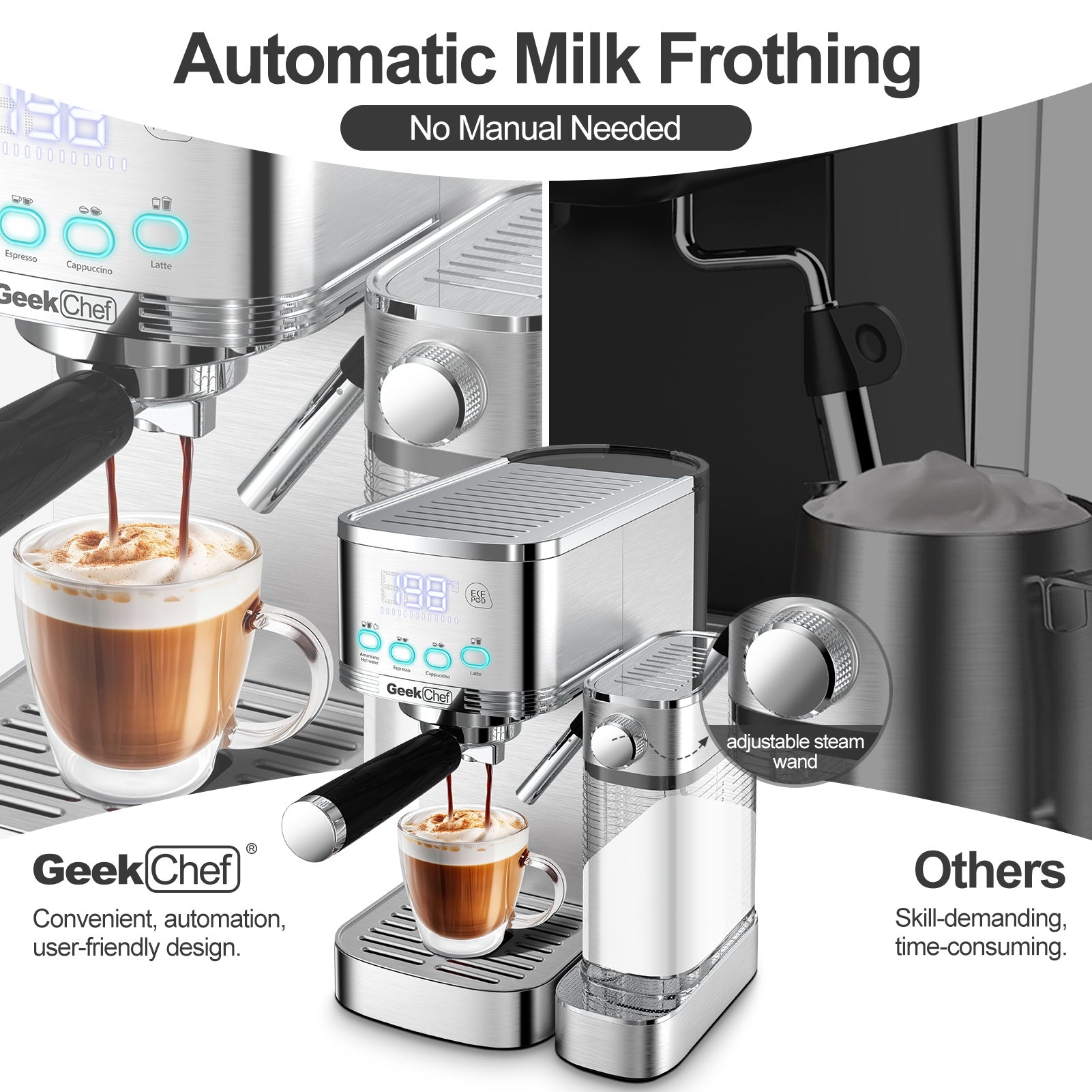 Geek Chef Espresso And Cappuccino Machine With Automatic Milk Frother 20Bar